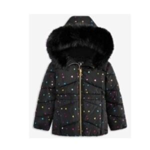 Black Puffer Jacket with Colorful Hearts